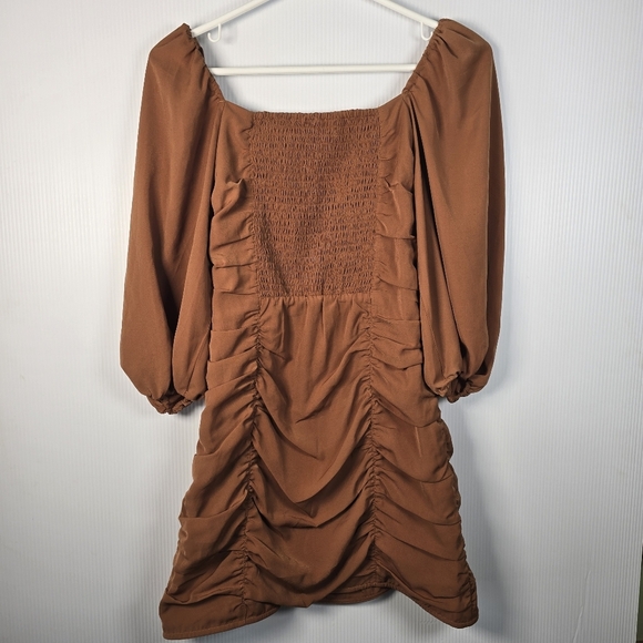 NWT Abercrombie & Fitch Womwn's Ruched Mini Dress Puff Elbow Sleeve Cognac SizeS - Picture 4 of 14